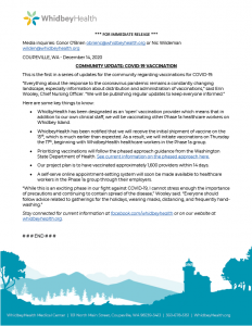 Community Update: WhidbeyHealth Hospital expecting shipment of vaccine.